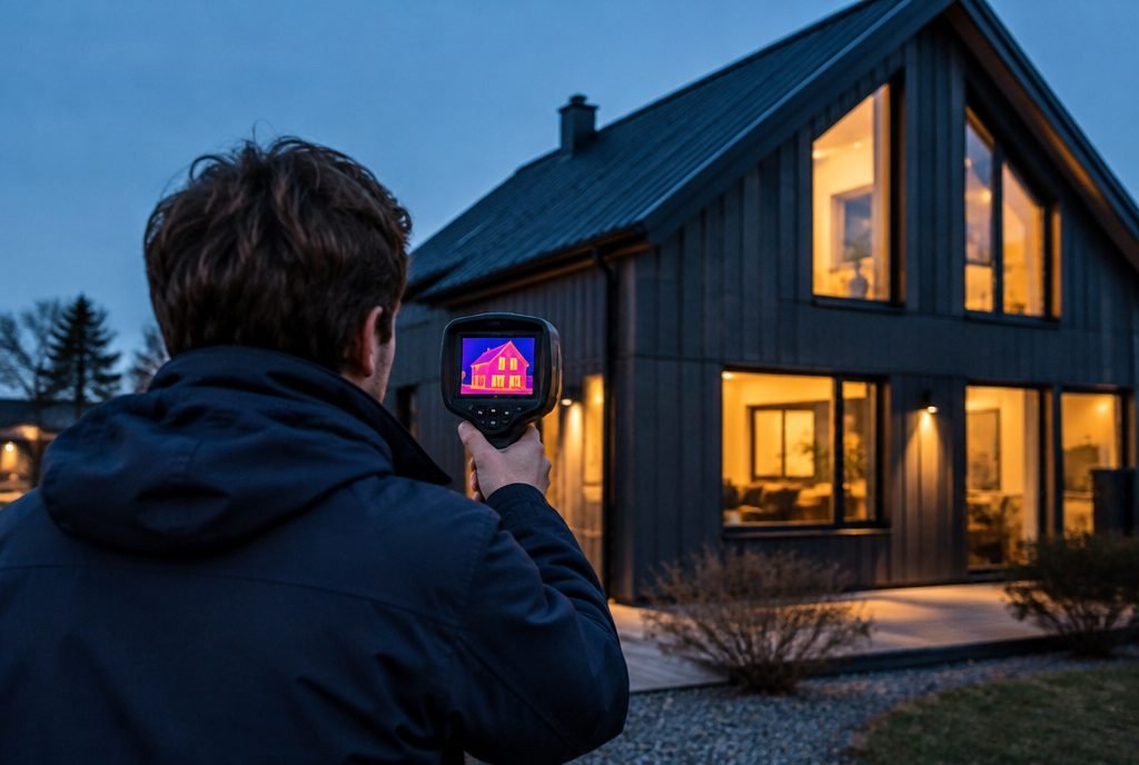 Rådgiver termograferer en facade i skumringen
