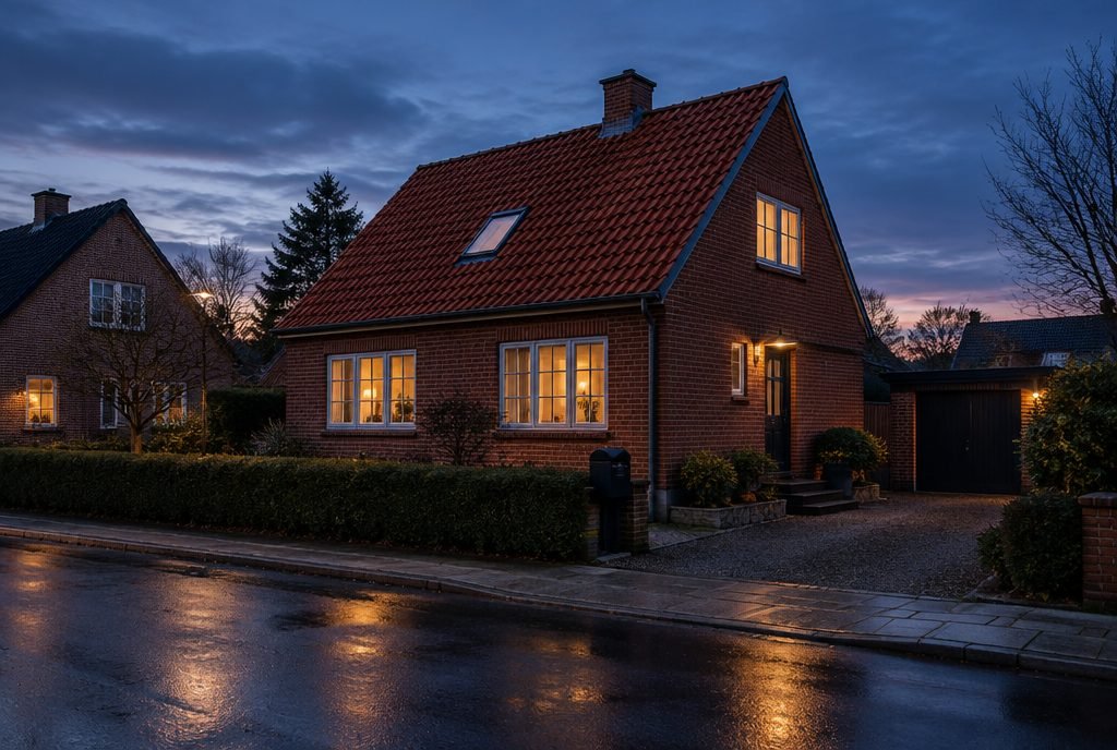 Klassisk dansk parcelhus med varmt lys i vinduerne