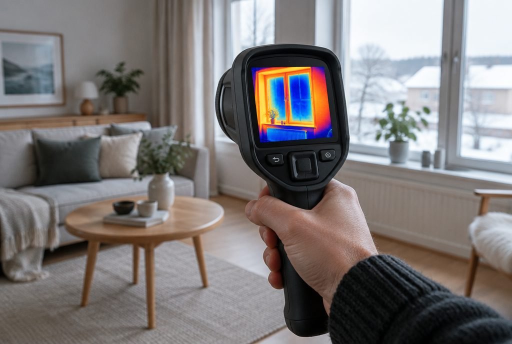 Termografikamera der måler et vindue indefra